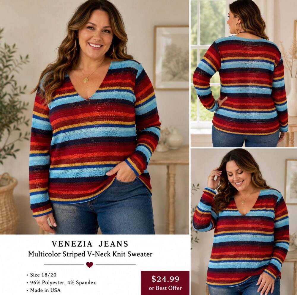 Venezia Jeans Clothing Co Multi-Color Striped V-Neck Knit Top